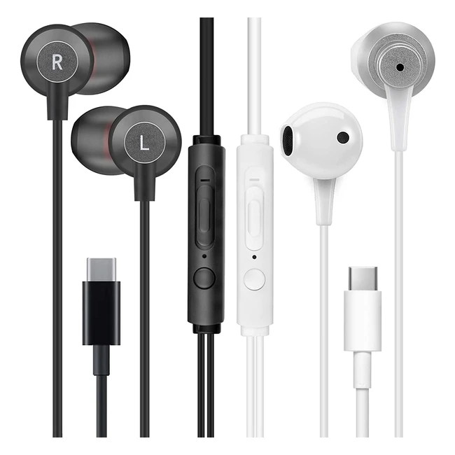 Mas Carney 2 Pack TI3TH4 USB Type C Earphones with Mic for Samsung Huawei Oppo