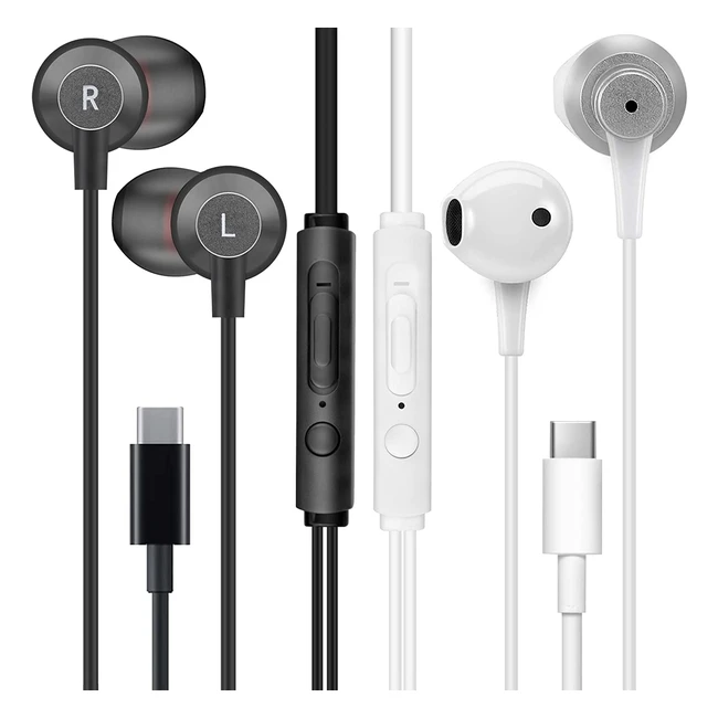 Mas Carney 2 Pack TI3TH4 USB Type C Earphones with Mic for Samsung, Huawei, Oppo, Google Pixel & More