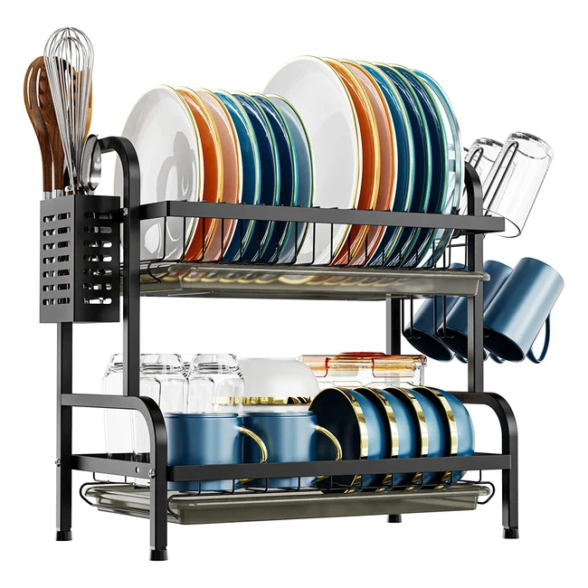 iSpecle 2 Tier Dish Drying Rack with Cup Holder and Utensil Holder - Large Capac
