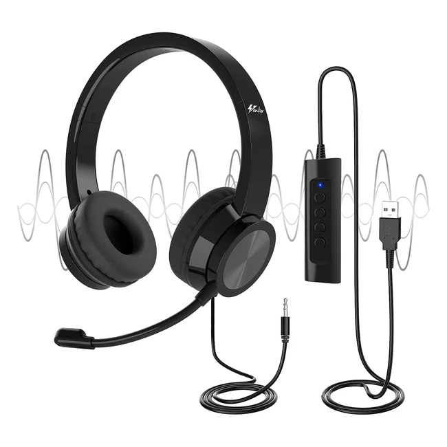 Venker USB Headset with Microphone - Noise Cancelling Stereo Headphone for PC Laptop - 3m Length - Ideal for Call Center Business, Teaching, and More