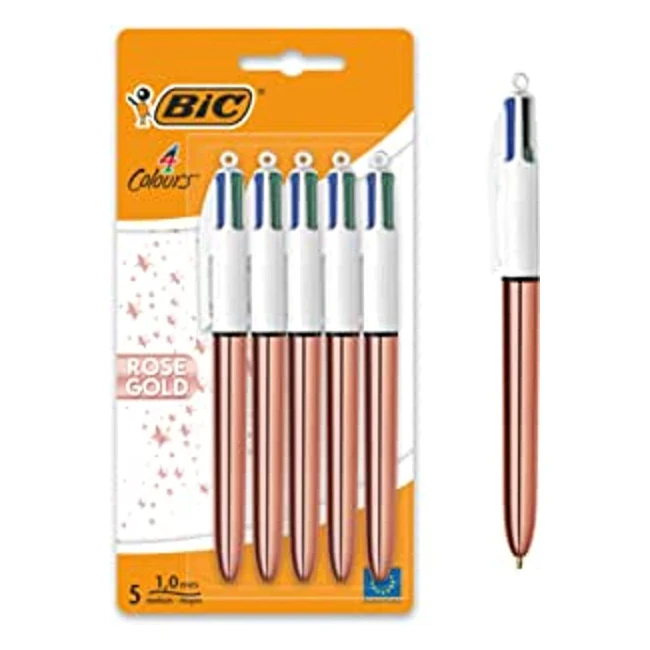 Stylo-bille BIC 4 couleurs rose gold rtractable pointe moyenne 10 mm encre