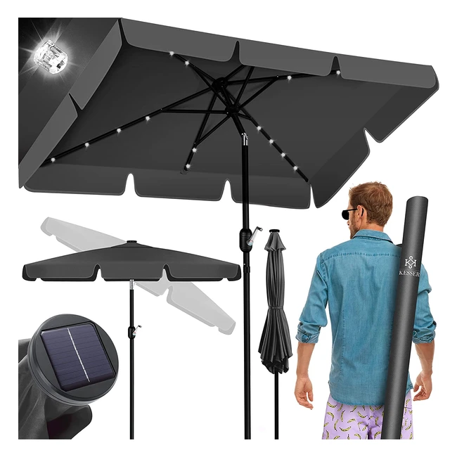 Kesser Balkon Sonnenschirm LED Solar rechteckig mit Kurbel inkl. 2in1 Schutzhülle & Transporttasche 205 x 125 cm für Balkon, Garten und Terrasse - Anthrazit