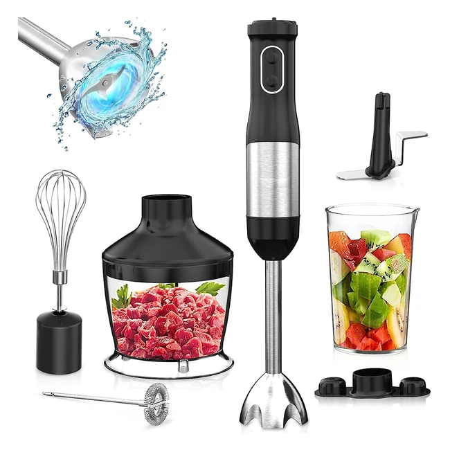 800W Hand Blender 7-in-1 Stainless Steel Immersion Blender with 20 Speeds, Ice Crush, Chopper, Whisk, Milk Frother, Bracket - Perfect for Soup, Baby Food