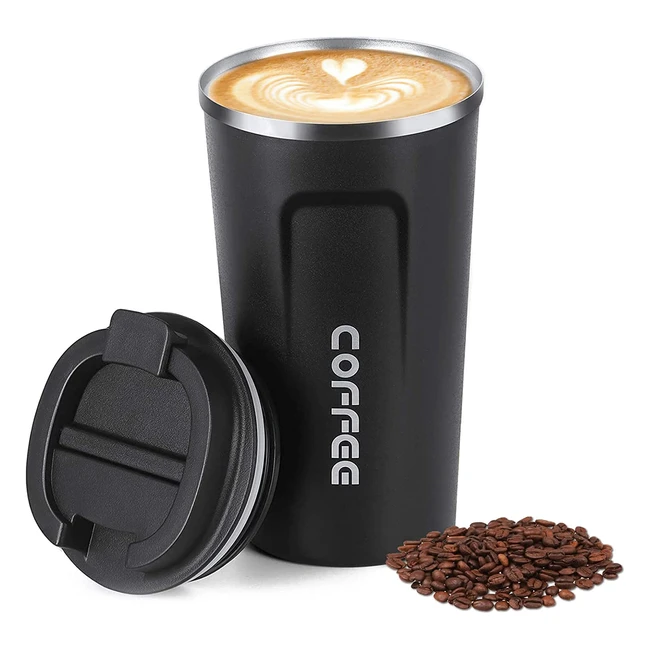 Coidak Travel Mug - Vacuum Insulated Stainless Steel Coffee Cup - Leakproof Lid - Hot & Cold Drinks - 380ml - Black