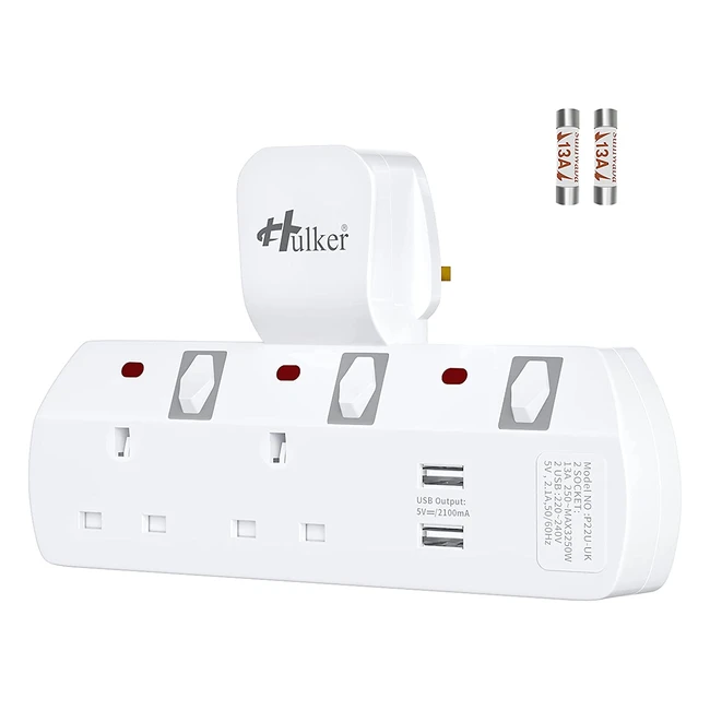 Hulker 2 Way Multi-Plug Socket with 2 USB Ports - Short Circuit Protection & Individual Switches - Turn 1 into 4 - UK Socket Adaptor