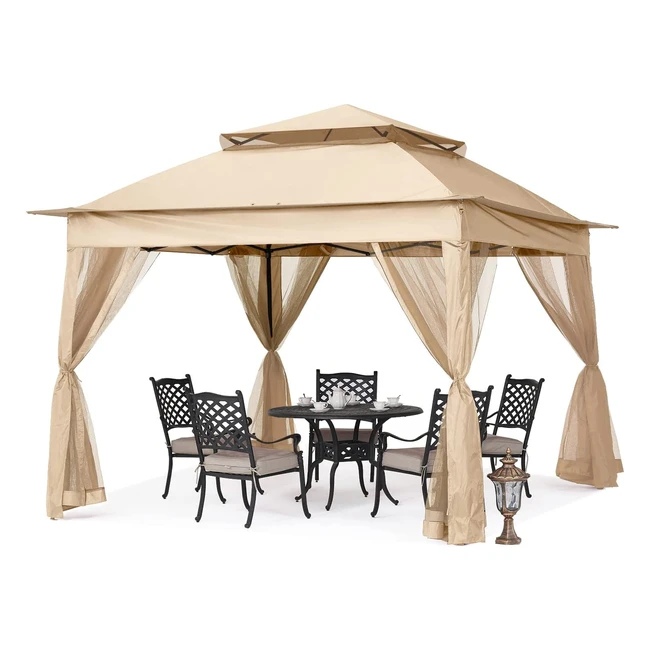 MasterCanopy Pop Up Gazebo with Mesh Walls - 33x33 Khaki - Easy Set Up - UV-Resistant - Large Space - Double Layer Cover