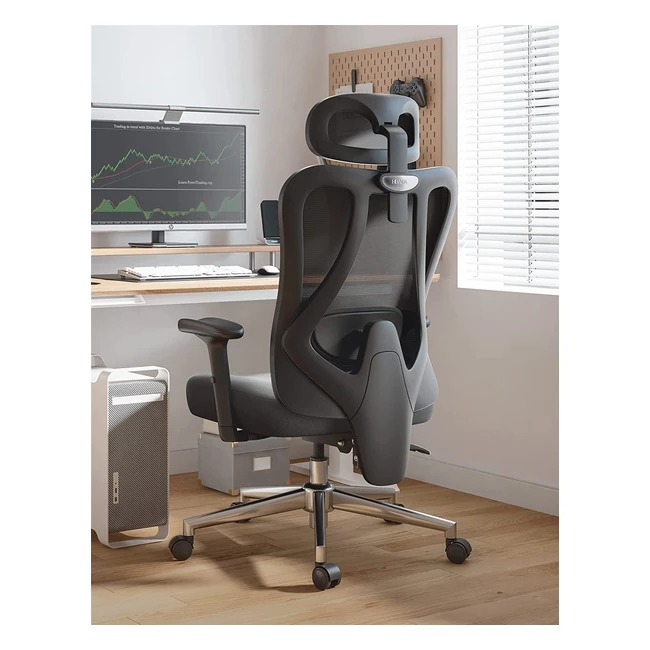 Ergonomischer Bürostuhl Hbada E1 mit verstellbarer Kopfstütze, Lendenwirbelstütze und elastischer Mesh-Rückenlehne - Schwarz