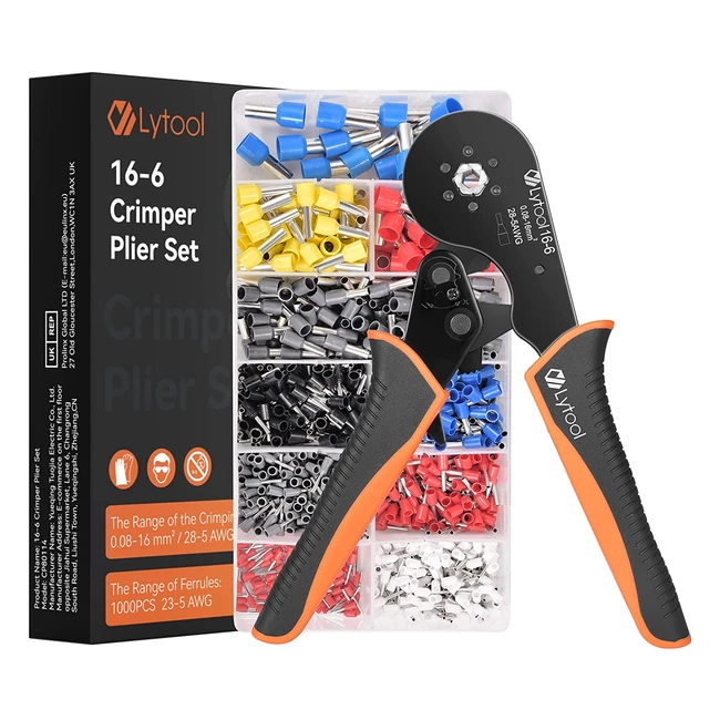 Hexagonal Ferrule Crimping Tool Kit with Self-Adjustable Ratchet and 1000 Wire Terminal Connectors - LYTOOL 008-16mm