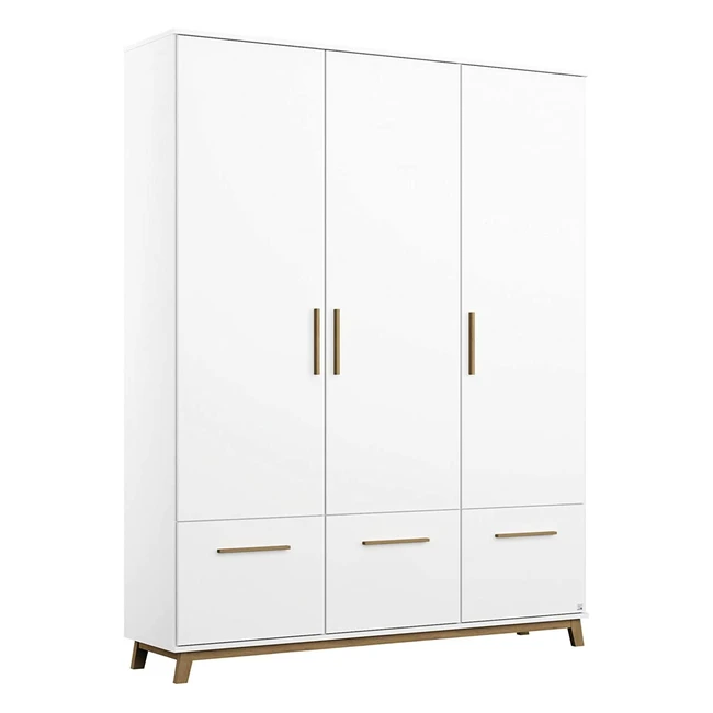 Carlsson Schrank in Weiß mit Griffen aus Eiche Massivholz, 3-türig und 3 Schubladen inkl. Zubehörpaket Basic - BxHxT 136x203x53 cm