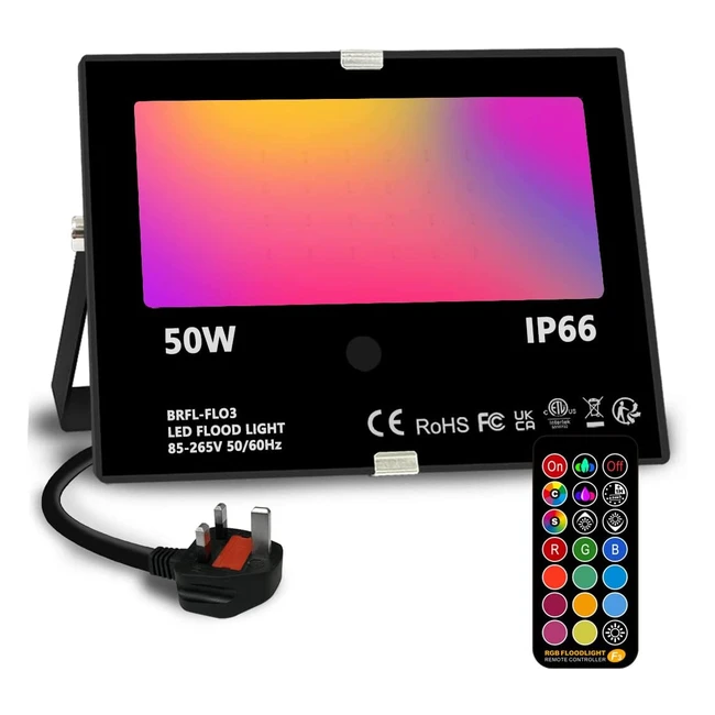 BHOCHY LED Floodlight 50W - Colour Changing, Waterproof, Remote Control, 4 Modes