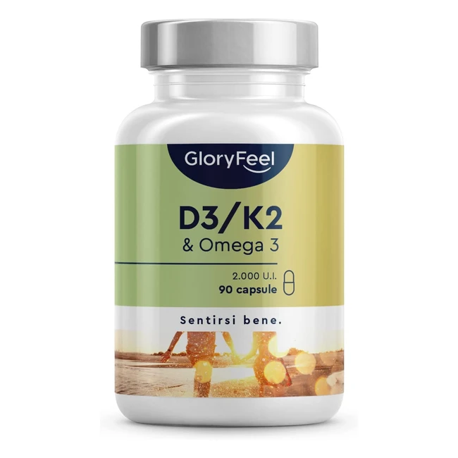 Vitamina D3 K2 Omega 3 - 90 capsule softgel per 3 mesi - 2000 UI Vitamina D - 1000mg Vitamina K - Olio di pesce 400mg EPA e 300mg DHA - Integratore 3 in 1