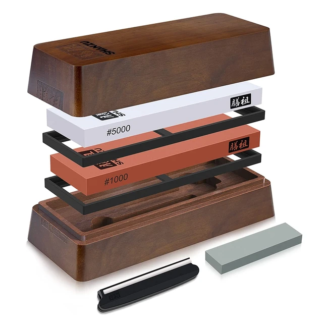 Aiguiseur de couteaux professionnel Shan Zu - 2 pierres à aiguiser japonaises 1000/5000 avec guide et boîte en bois d'acacia antidérapante personnalisée