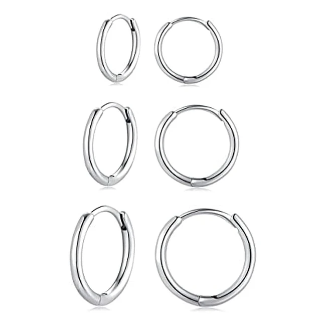 Deyanse 925 Sterling Silver Hoop Earrings Set - Small Sleeper Huggie Hinged Hoops - Hypoallergenic Unisex Earrings in 10 12 14mm