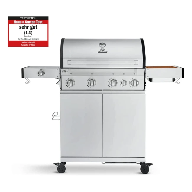 Burnhard Big Fred Deluxe 2023 - 4 Brenner Gasgrill mit Infrarot-Keramikbrenner, Seitenkocher, Grillabdeckung und Edelstahlwagen