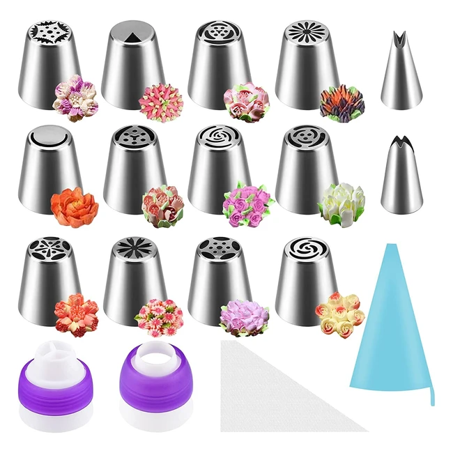 FancyWhoop Russian Piping Nozzles Set - 27 Pcs Cake Decorating Tips with 12 Flower Nozzles, 2 Leaf Tips, 2 Couplers, and 11 Pastry Bags