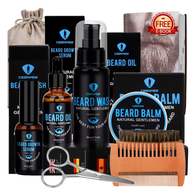 Ceenwes Beard Grooming Kit - Complete Set for Beard Care with Beard Oil, Beard Growth Serum, Beard Wash, Beard Balm, Brush, Comb, Scissors - Unique Gifts for Men