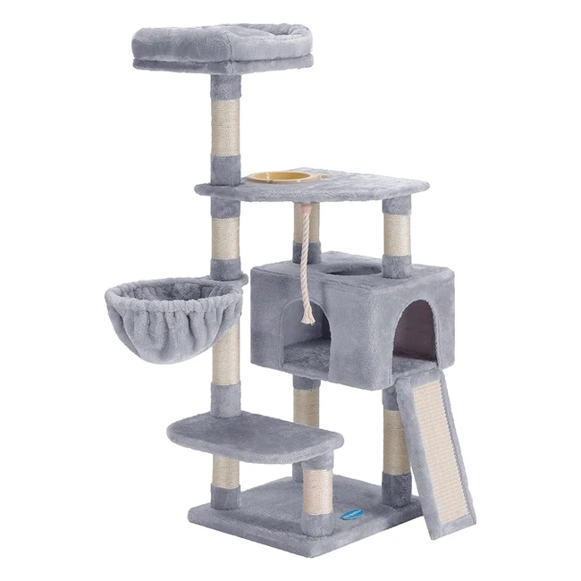 Heybrother Kratzbaum mit Napf für große und kleine Katzen - XXL Katzenhöhle, Kratzbrett, Hängematte - Stabil und Ideenreiches Design - EMPJ010W