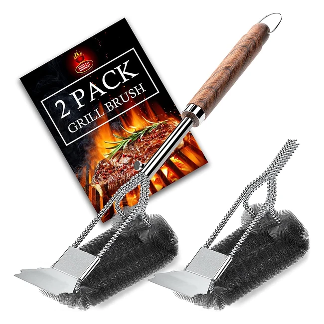 Poligo 2 Pack BBQ Grill Brush and Scraper - Heavy Duty Stainless Steel Cleaning Kit with Extra Head - Perfect for Gas and Charcoal Grates