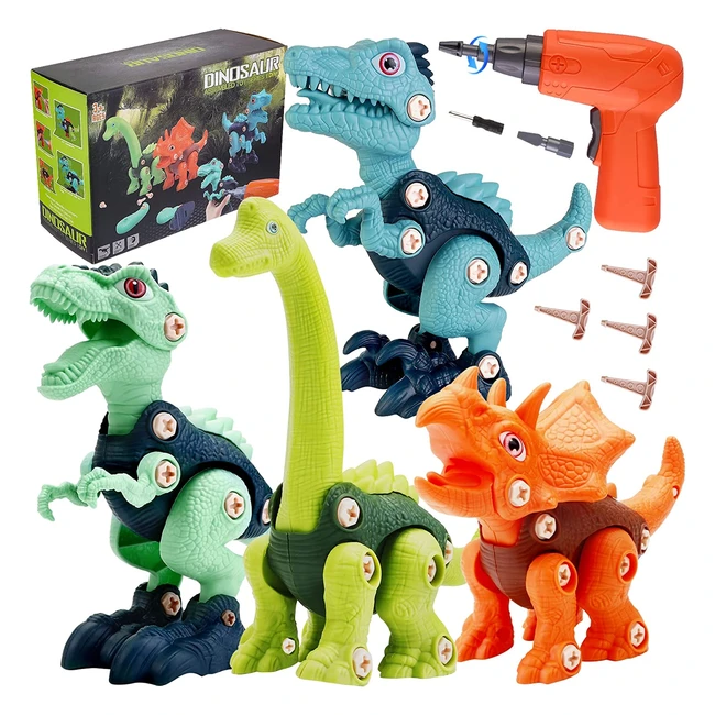 DIY Take Apart Dinosaur Toys Set with Electric Drill - STEM Educational Construction Build Kit for Boys and Girls Ages 3-7 - 4 Dinosaurs with Storage Box