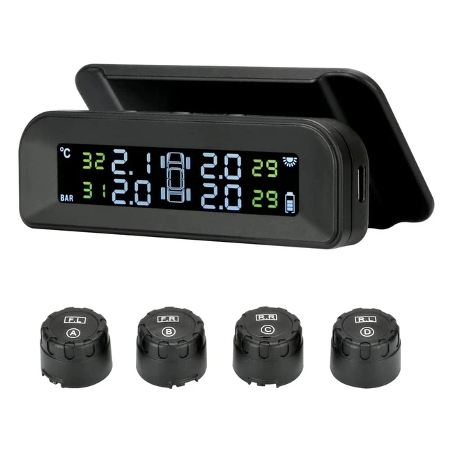 Solar Wireless TPMS with Real-time Monitoring and 4 External Sensors for Car SUV - Upgradetyre Pressure Monitoring System
