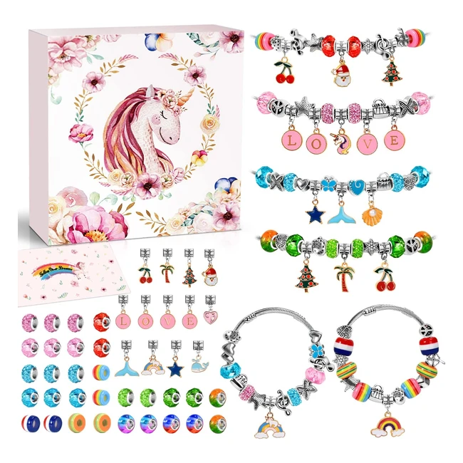 Zooi Unicorn Charm Bracelet Kit for Girls - DIY Jewelry Making Kit with 26 Crystal Beads and 24 Charms