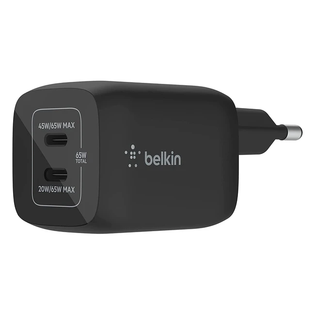 Belkin 65W USB-C Ladegerät mit 2 Ports, Power Delivery 30 und GAN-Technologie für iPhone 14/13/12 Pro Max, iPad Pro, MacBook, Galaxy S23/S22 Plus/Ultra/Tab etc.