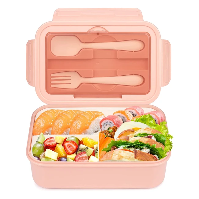 Cooja Bento Lunch Box for Adults and Kids - 3 Compartments, 1400ml Capacity, Leakproof, Microwave Safe, with Cutlery Set - Pink