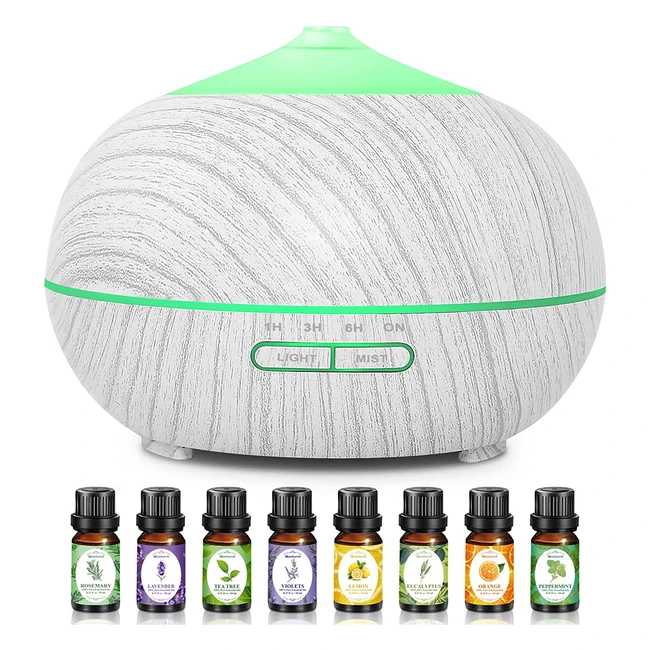 500ml Essential Oil Diffuser Humidifier for Home - Ultrasonic Aromatherapy Vaporizer with 8 Scented Oils Set for Bedroom, Office, Spa - 7 LED Light Colors and 4 Timer Modes