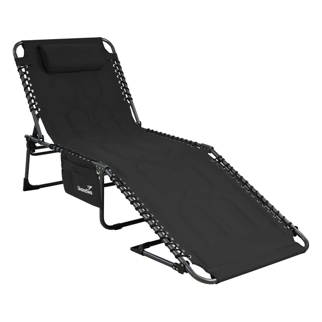 Skandika Torget Sonnenliege - Faltbare Campingliege mit gepolsterter 5-fach verstellbarer Kopfstütze, Seitentasche, bis 150 kg belastbar, wasserabweisend, Stahlrahmen, Schwarz
