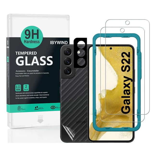 iBywind Screen Protector for Samsung Galaxy S22 5G (Pack of 2) - Easy Install Kit, Back Carbon Fiber Skin, Metal Camera Lens Protector