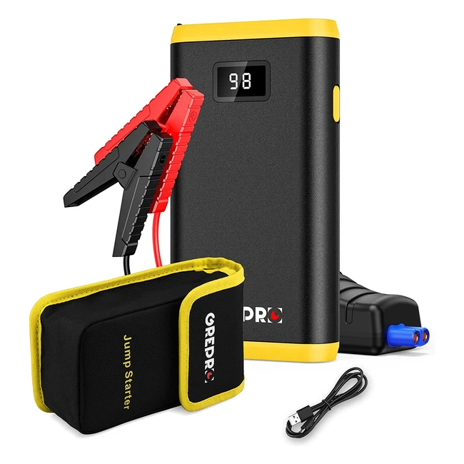 Grepro Jump Starter Power Pack for 12V Vehicles - Up to 45L Gas, 25L Diesel - LCD Screen & LED Flashlight