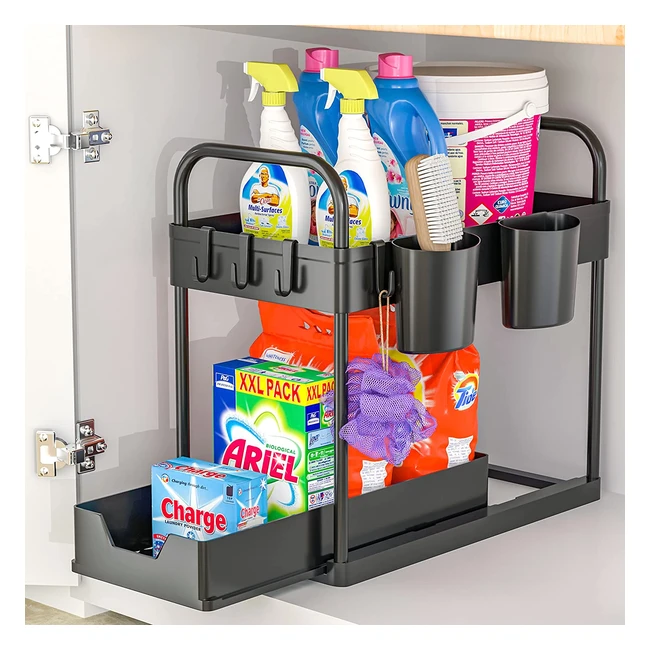 Organizzatore sottolavello cucina 2 livelli con 4 ganci e 2 tazze appese - Nero