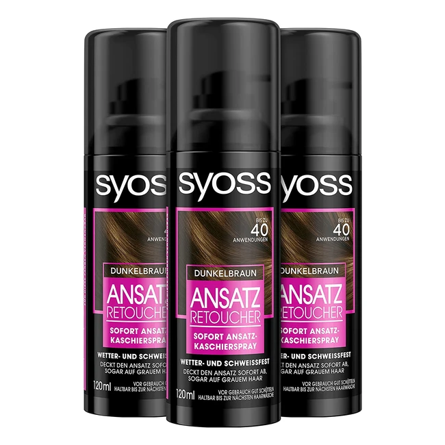Syoss Root Retoucher Dark Brown Spray - Pack of 3 (3x120ml) - Covers Grey Hair Instantly