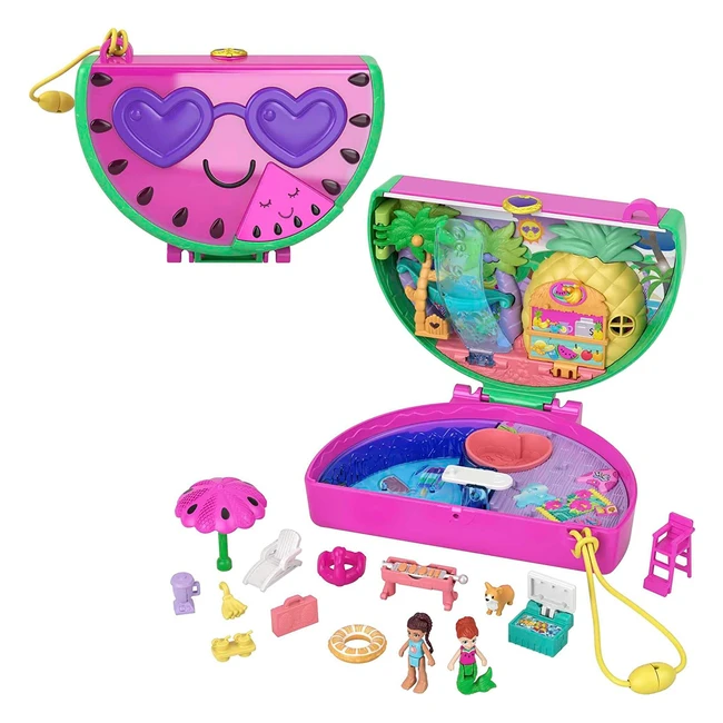 Polly Pocket Watermelon Pool Party Compact - Scented, 2 Micro Dolls, 12 Accessories - Water Play Toy for Ages 4+