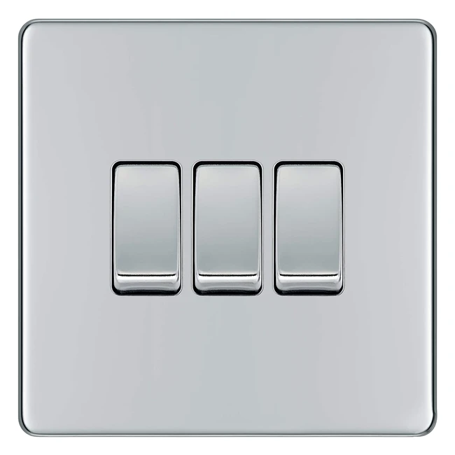 BG Electrical FPC4301 Polished Chrome Triple Light Switch - Screwless Flat Plate, 2-Way, 16AX