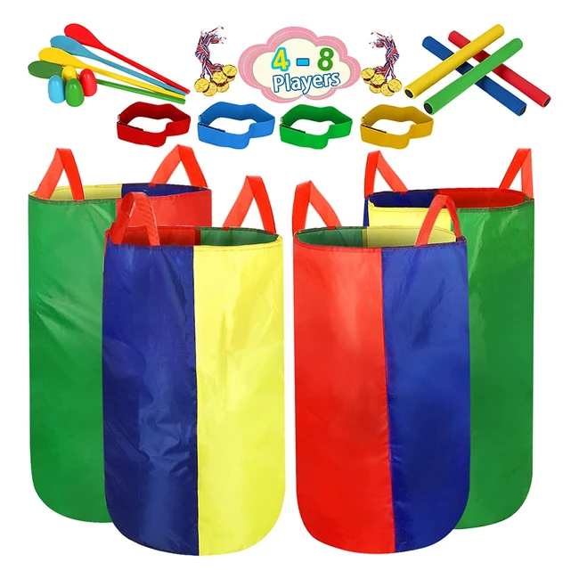 Sports Day Kit - Backyard Games for Kids & Adults - Potato Sack Race Bags, Egg & Spoon, 3-Legged Relay Race - Field Day, Birthday Party, Outdoor Games - 32 Pcs Set