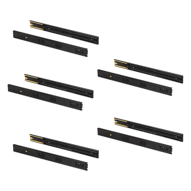 Guías de cajones con rodamiento de bolas 45mmx450mm - Pack de 5 juegos de extracción total con cierre suave negro