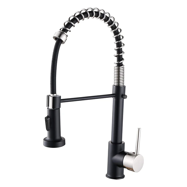 Grifo de cocina Spring Pull Down de una sola manija, montado en la cubierta del fregadero, niquel cepillado y negro - Referencia #1234