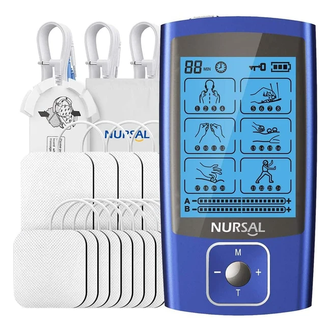 Nursal Dual Channel TENS Machine for Pain Relief - 24 Modes, Rechargeable, Muscle Stimulator with 12 Pads