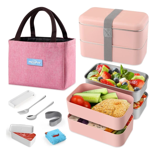 Holipot Bento Box - 2 Tier Japanese Lunch Box with Eco-Friendly Containers and Lunch Bag for Adults and Kids
