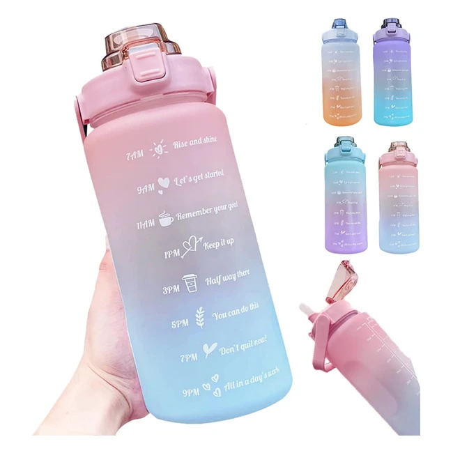Hatieo 2L Water Bottle with Straw - Leakproof Sports Bottle with Time Markings for Fitness, Camping, Yoga, Travel, Gym - Pink/Blue
