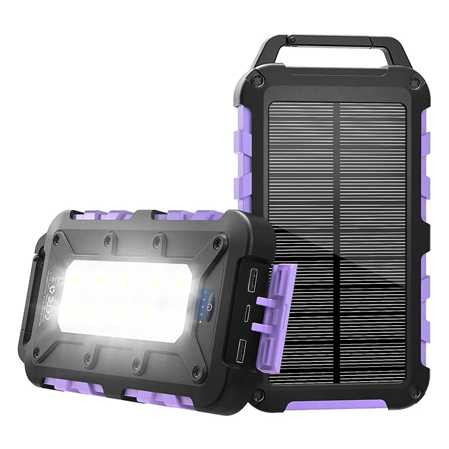 Chargeur Solaire Portable 20000mAh avec 2 Ports USB et USB-C Charge Rapide - Batterie Externe Imperméable pour Téléphone et Ordinateur - Power Bank Violet