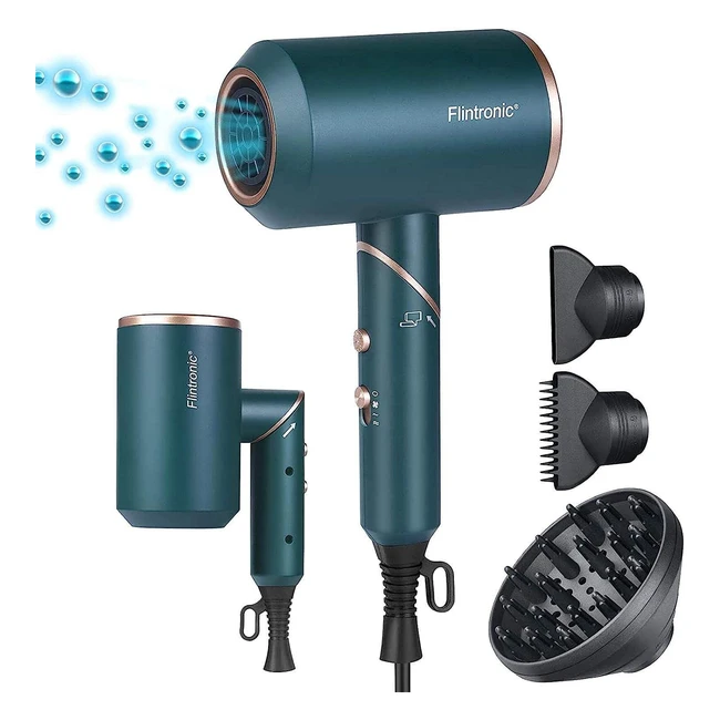 Sèche-cheveux professionnel ionique 2000W, manche pliable, 3 modes réglables avec protection contre la surchauffe, 3 diffuseurs faible bruit pour coiffage de salon - Vert