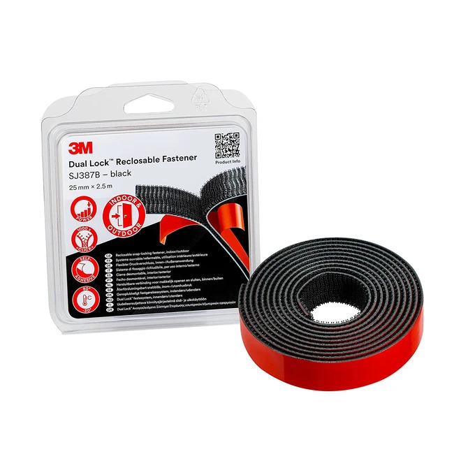 3M Dual Lock SJ387B - Solutions de fixations amovibles pour une adhérence exceptionnelle sur surfaces variées - Noir 25mm x 25m