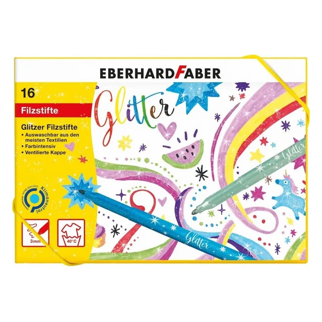 Feutres pailletés Eberhard Faber 551016 - 16 couleurs vives - pointe 3mm - lavables - pour dessin, coloriage, bricolage et écriture