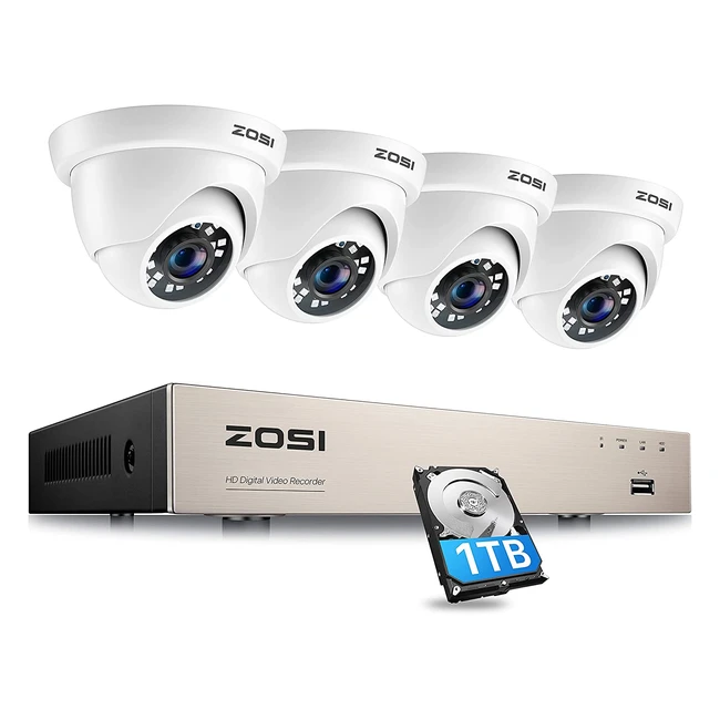 ZOSI 8CH 1080P CCTV Camera System - 5MP Lite H265 DVR w/ 1TB HDD & 4x 1080P 2MP Dome Security Cameras