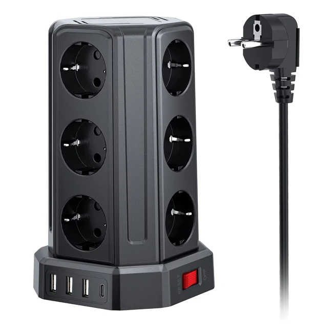 Steckdosenleiste mit Schalter und USB, 12-fach, 5 m Kabel, Überspannungsschutz