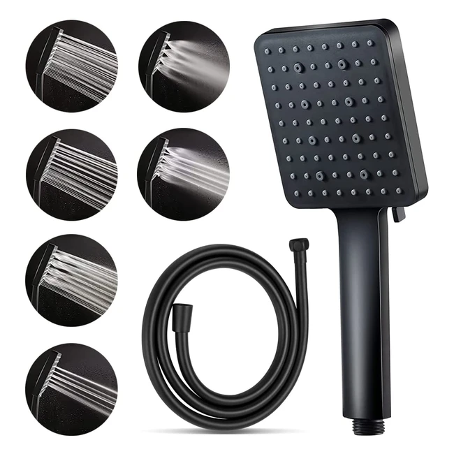 High Pressure Shower Head and Hose Set with 6 Spray Modes - Water Saving and Adjustable Power Showerhead for Low Water Pressure - Rainie Black