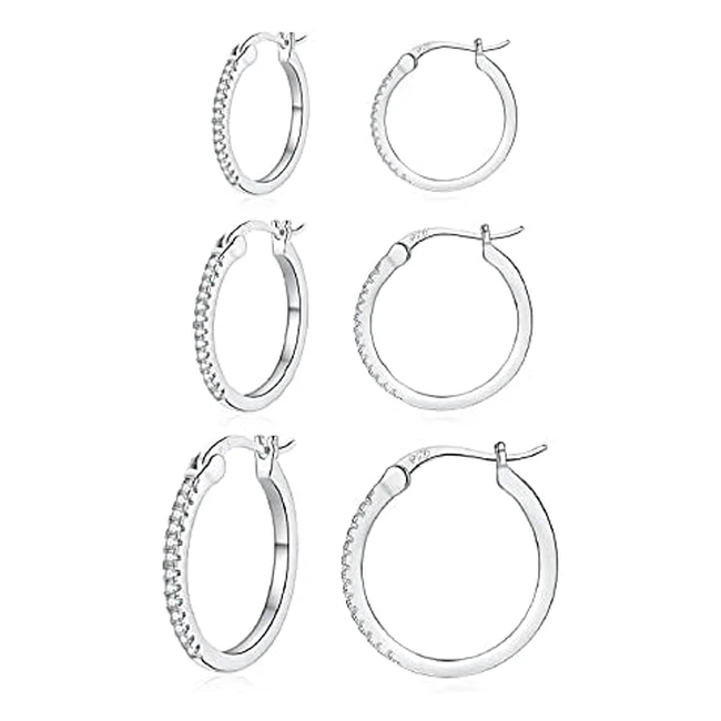 Sterling Silver Hoop Earrings - 3 Pairs Hypoallergenic CZ Earrings