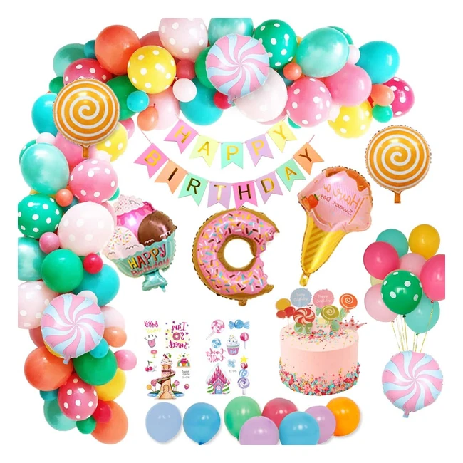 Kit décoration anniversaire fille Candyland avec bannière Happy Birthday, ballons, glaces et bonbons réutilisables